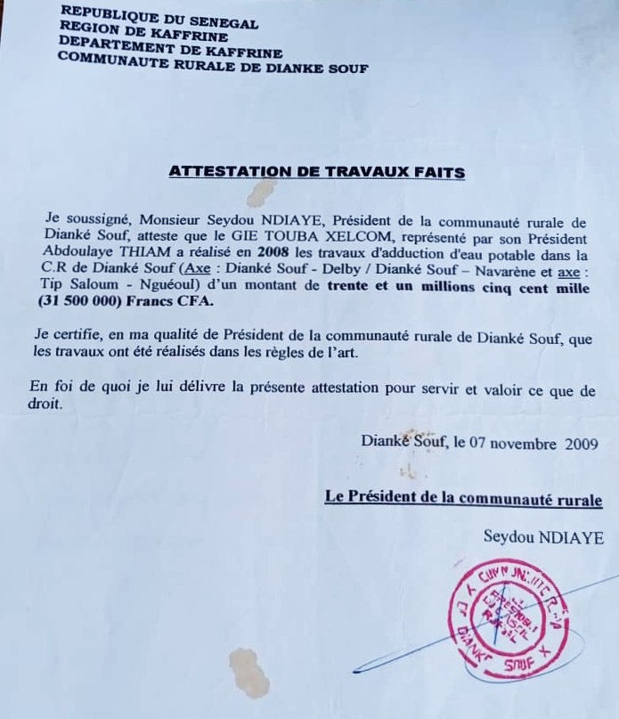 Attestation Diank&eacute; Souf